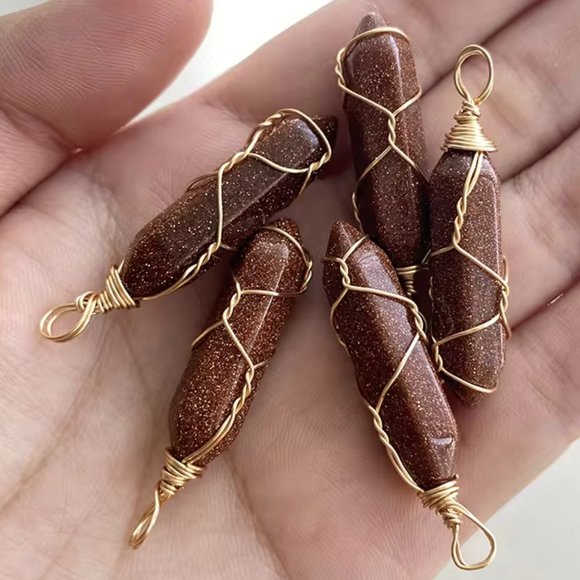 Gold Sandstone Natural Gemstone Hexagonal Point Gold Wire Wrapped Pendant - Picture 4 of 5